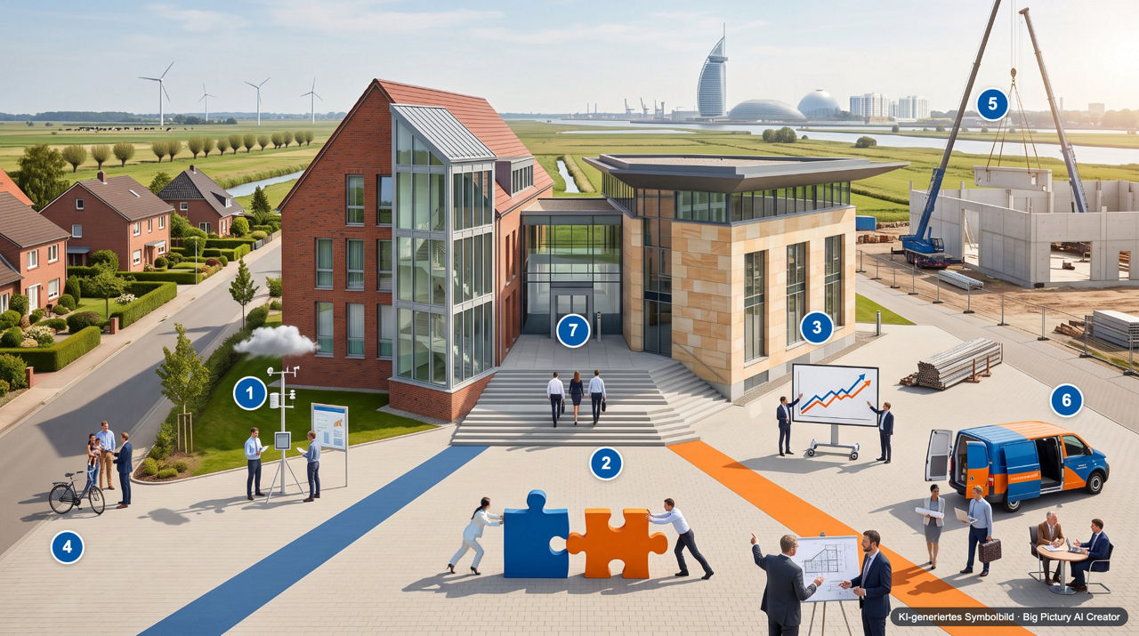 Illustration zur Fusion: Ein gemeinsames Bankgebäude aus Klinker und Sandstein in norddeutscher Landschaft mit sieben nummeri