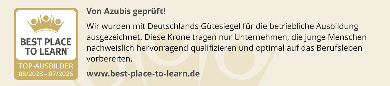 Banner mit dem Siegel "Best Place to Learn", der Betrieb wurde von den eigenen Auszubildenden geprüft, um dieses Siegel zu erhalten.