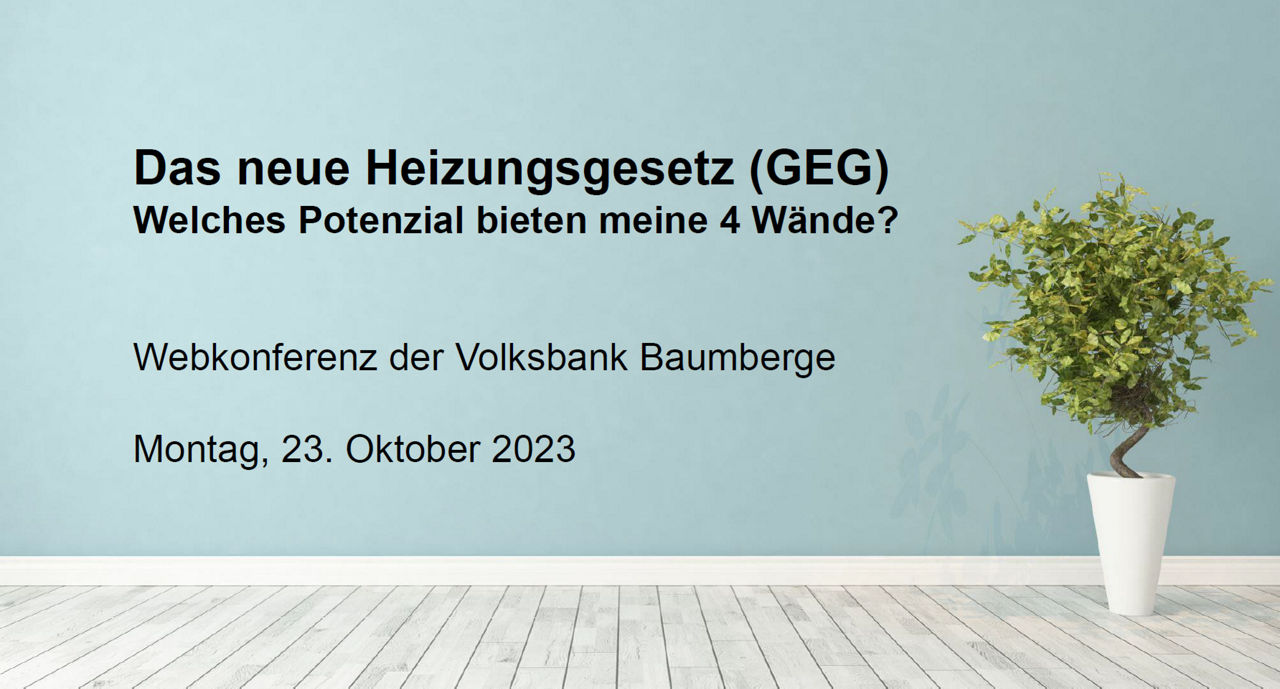 Eine Anzeige für eine Webkonferenz über das neue deutsche Wärmegesetz (GEG), veranstaltet von der Volksbank Baumberge