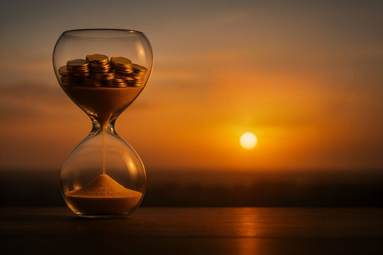 Sanduhr im Sonnenuntergang, Münzen im oberen Teil, Text Vorsorgen ist sicherer