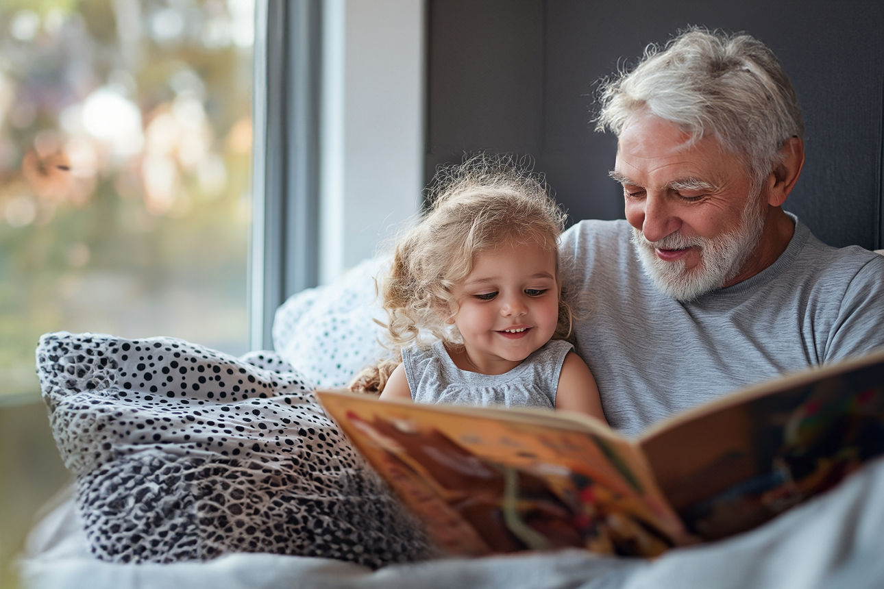 Älterer Mann sitzt mit kleinem Mädchen gemeinsam auf einem Sofa und schauen in ein Kinderbuch
