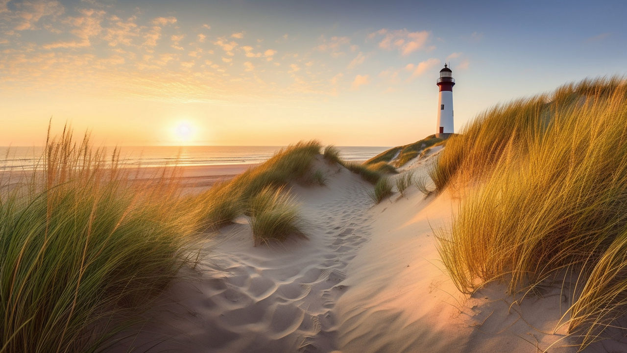 Zeigt die ruhige und malerische Strandszene auf der Insel Sylt, Deutschland, und fängt den unberührten weißen Sand ein.