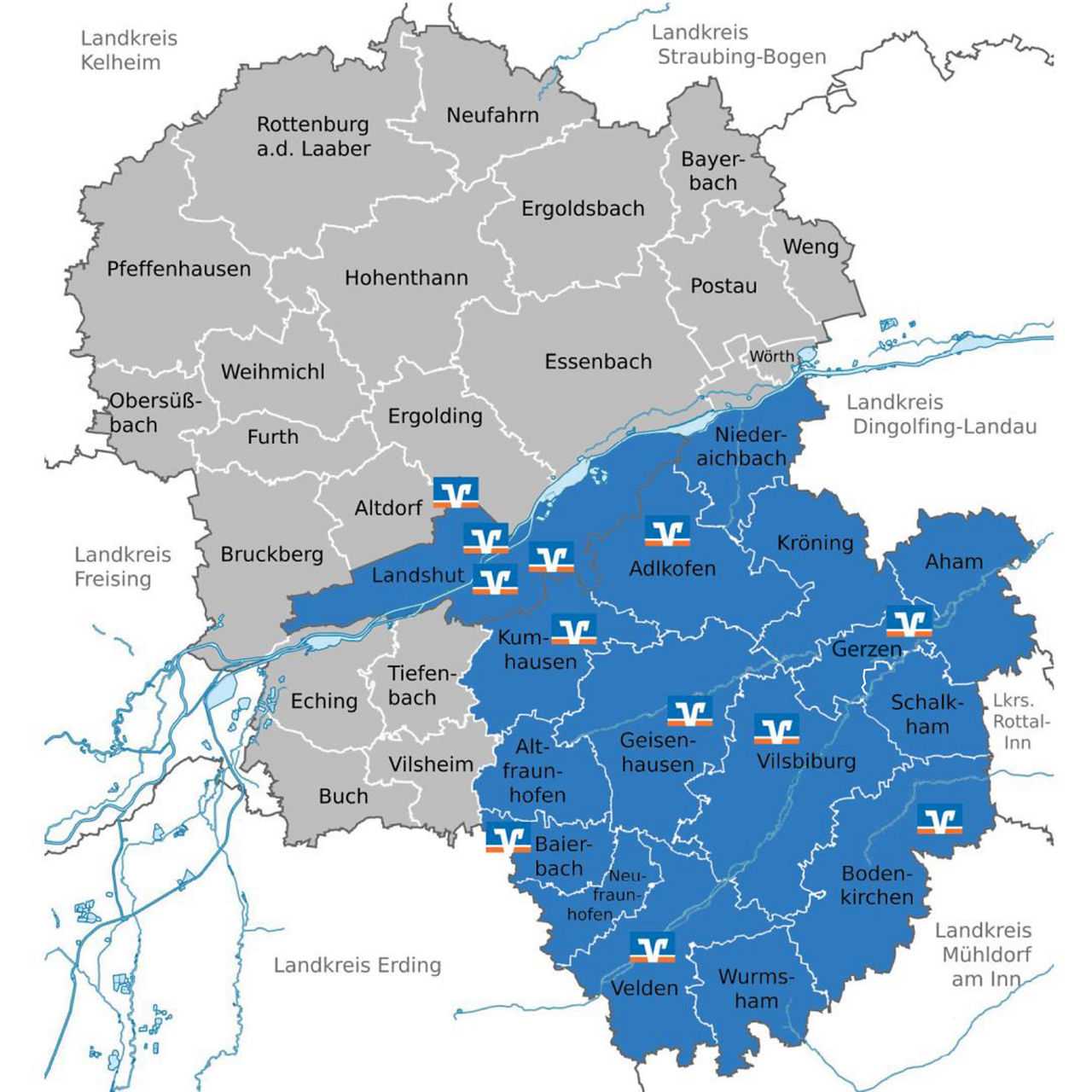 Eine Landkarte von Niederbayern mit den einzelnen Geschäftsstellen der zukünftigen VR-Bank Landshut-Isar-Vils eG
