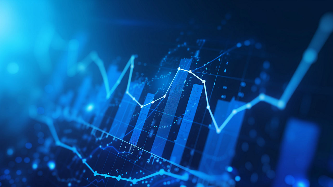 Abstract glowing big data forex candlestick chart on blurry city backdrop. Trade, technology, investment and analysis concept