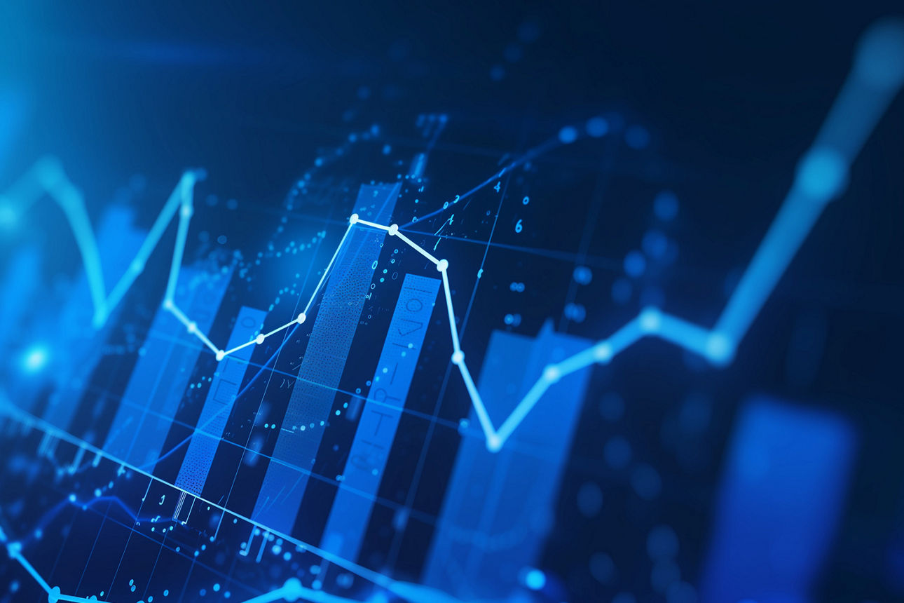 Abstract glowing big data forex candlestick chart on blurry city backdrop. Trade, technology, investment and analysis concept