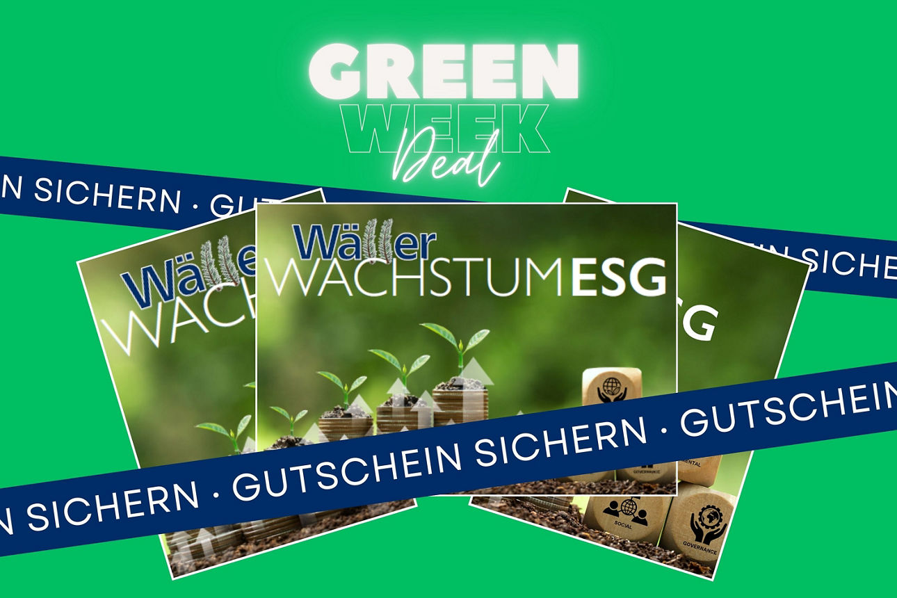 Grüner Hintergrund mit Text „GREEN WEEK Deal“, Münzen mit Pflanzen und Banner „GUTSCHEIN SICHERN“.