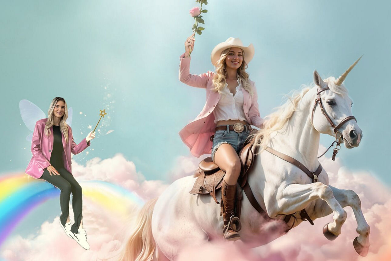 Frau auf Regenbogen mit Zauberstab schaut zu einer Frau auf einem Einhorn