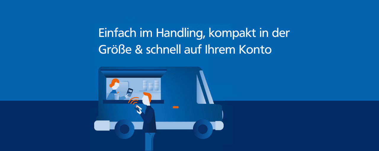 Illustration wo ein Mann mit seiner girocard an einem Auto bezahlt