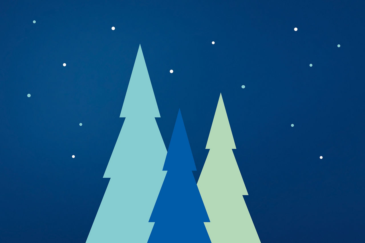 Illustration von drei Tannenbäumen vor einem blauen Hintergrund mit Schneeflocken