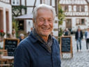 KI-generiertes Porträt eines lächelnden älteren Mannes in einer Altstadtgasse.