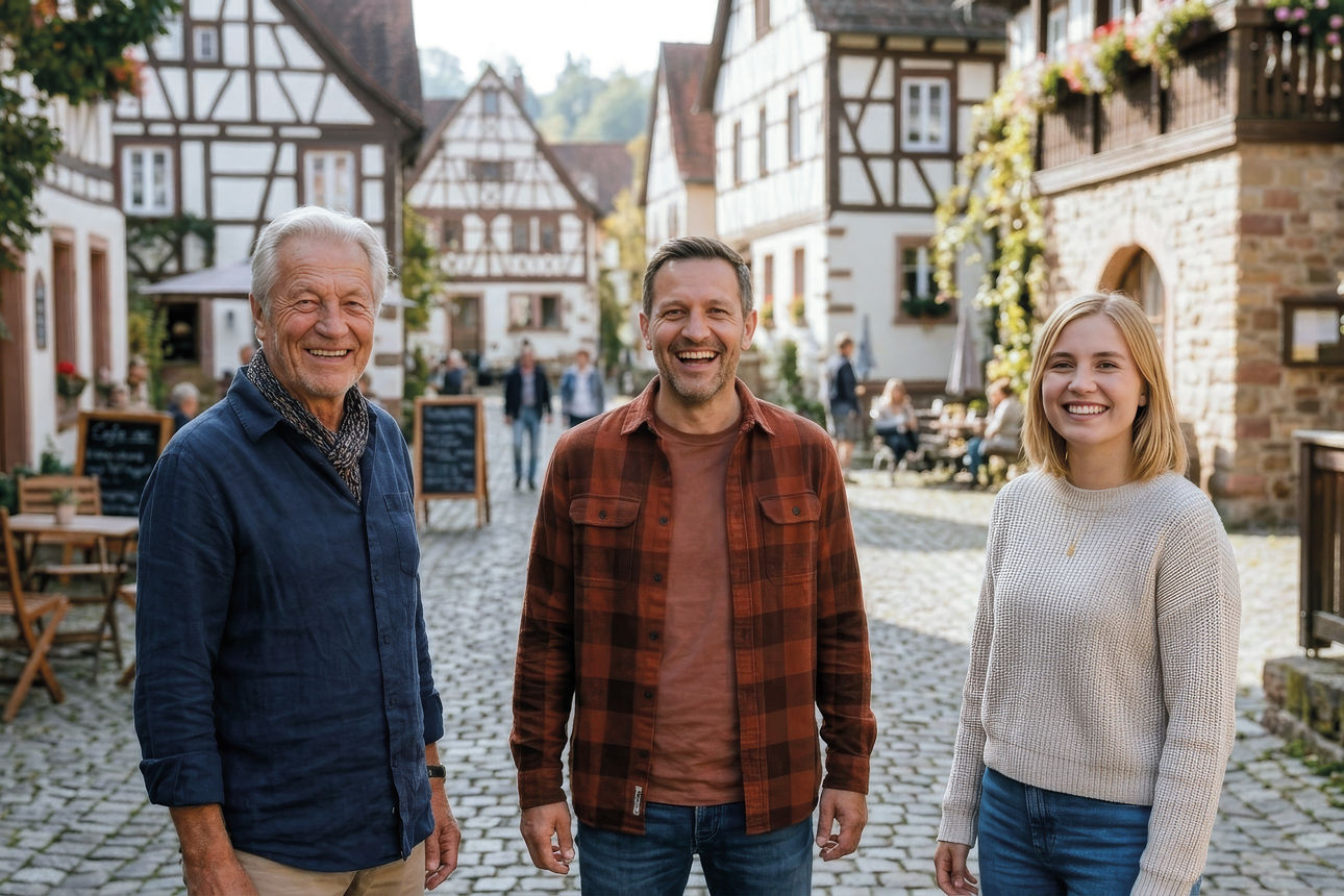 KI-generiertes, fotorealistisches Bild: Drei lächelnde Personen – ein älterer Mann, ein Mann mittleren Alters und eine jüngere Frau – stehen nebeneinander in einer gepflasterten Gasse mit historischen Fachwerkhäusern.
