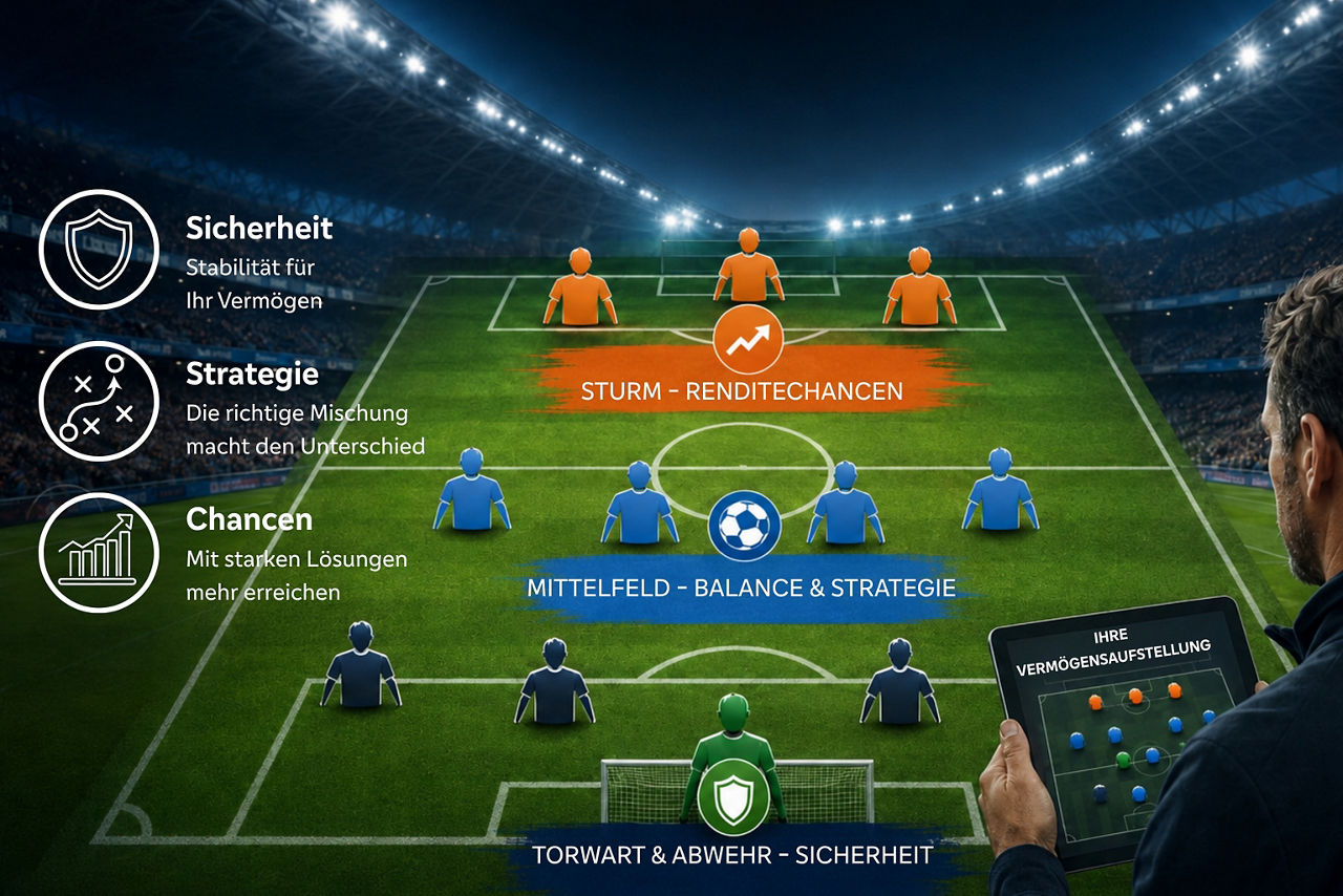 Zeigt ein Spielfeld mit der Aufstellung der Mannschaft und die drei Strategien Sicherheit, Strategie und Chancen