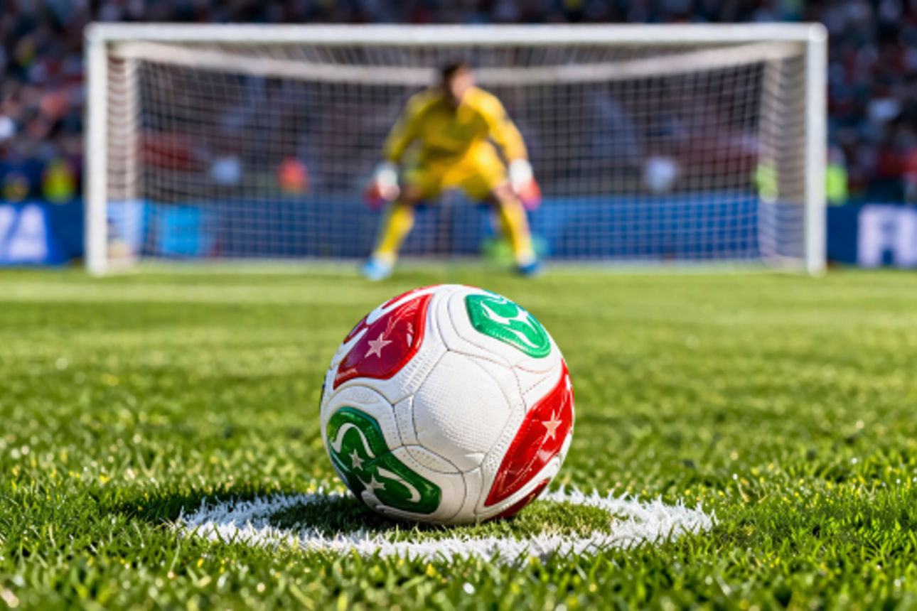 Fussball liegt am Elfmeterpunkt vor einem Tor mit Torwart