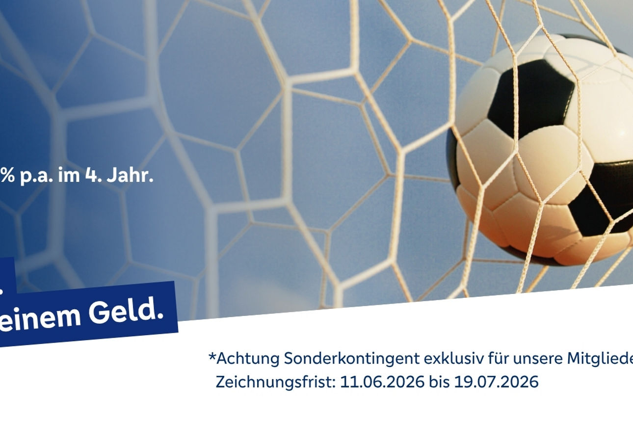 Fussball in einem Fussballnetz mit dem Hinweis auf das WachstumsSparen
