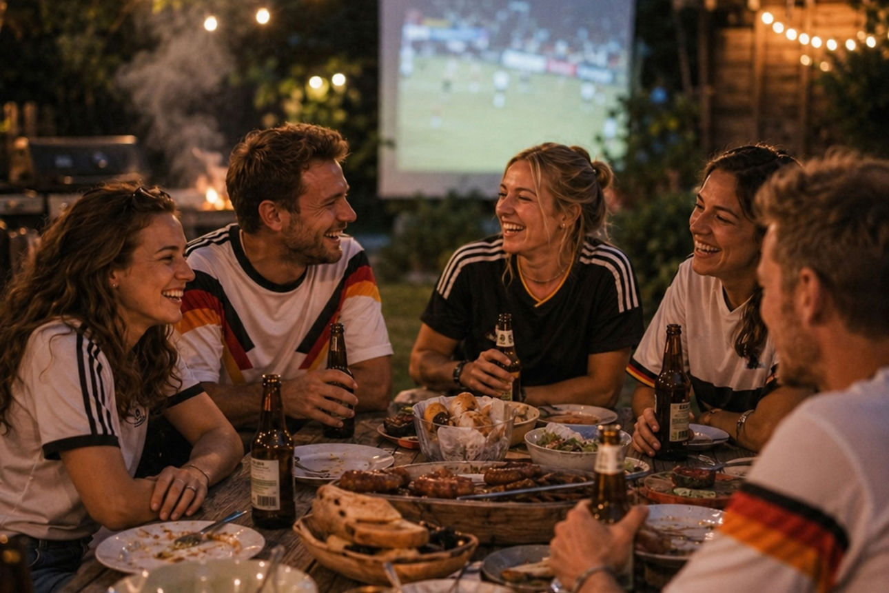 KI generiertes Bild mit 5 Freunde, die an einem Grillaben das WM-Trikot anhaben und Fußball schauen