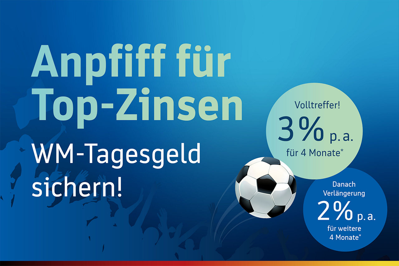 Blauer Hintergrund mit Text Anpfiff für Top-Zinsen WM-Tagesgeld sichern!
