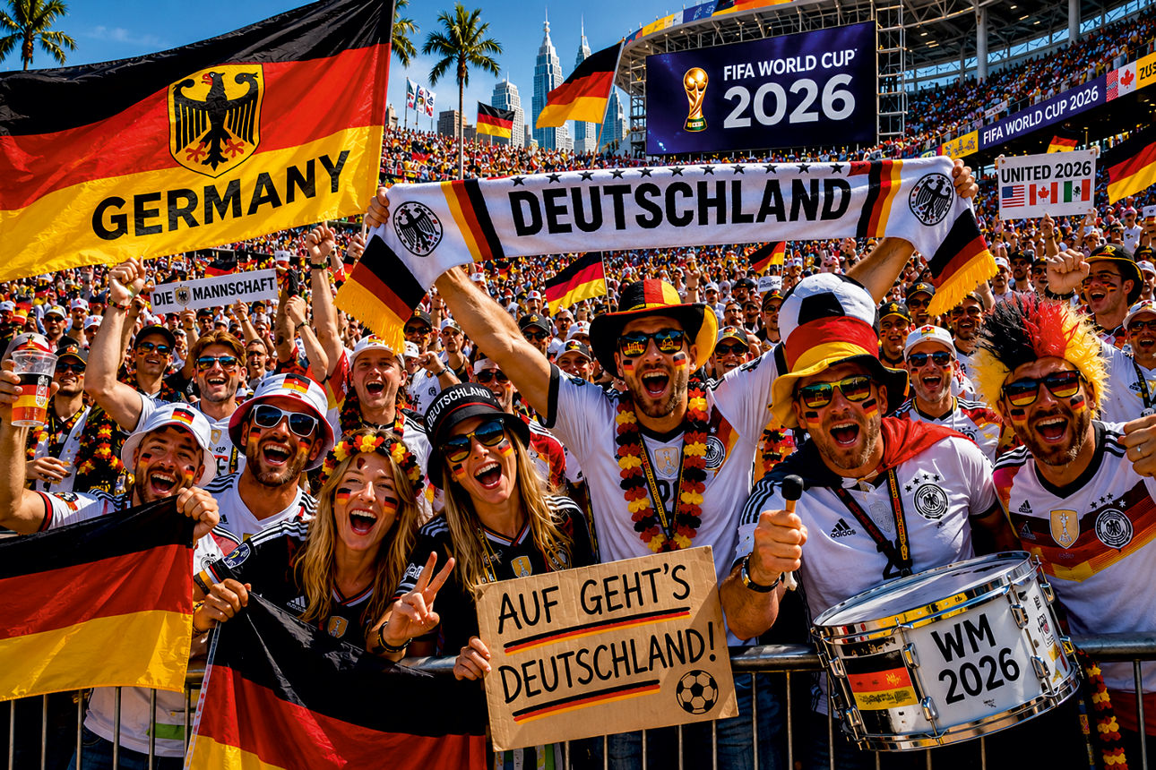 KI-generierte Darstellung von Fußballfans mit Deutschlandflaggen und Fanartikeln im Stadion, jubelnde Menschenmenge vor Turni