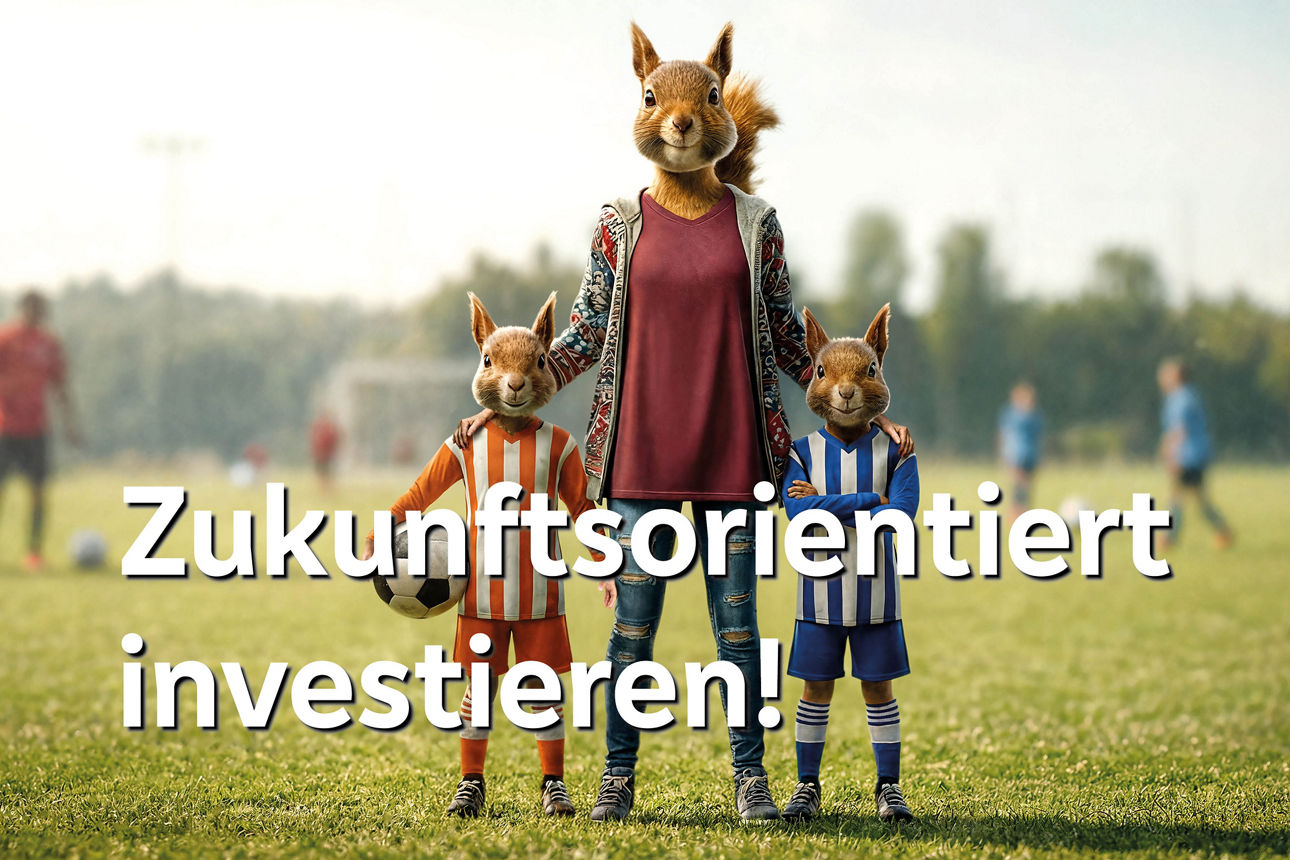 Eichhörnchen Mama mit Ihren zwei Kindern im Fussballtrikot und dem Slogan "Zukunftsorientiert investieren!"