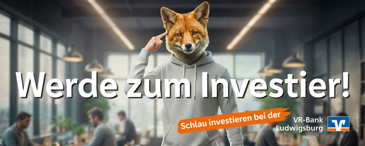 Fuchs mit dem Slogan "Werde zum Investier" und dem Logo der VR-Bank Ludwigsburg