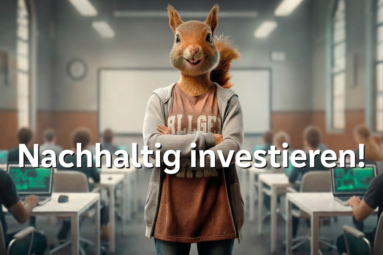 Eichhörnchen mit dem Slogan "Nachhaltig investieren"