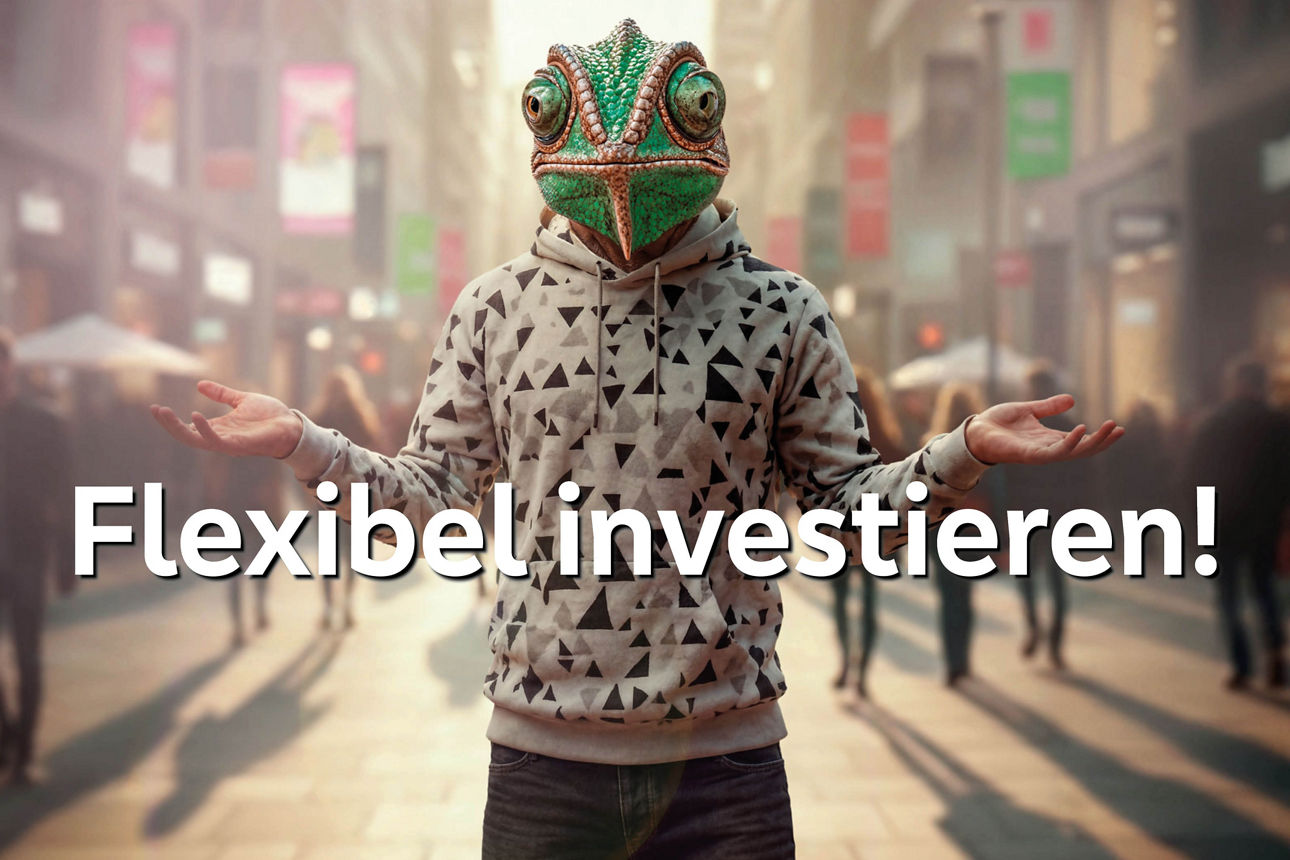 Chamäleon mit dem Slogan "Flexibel investieren"