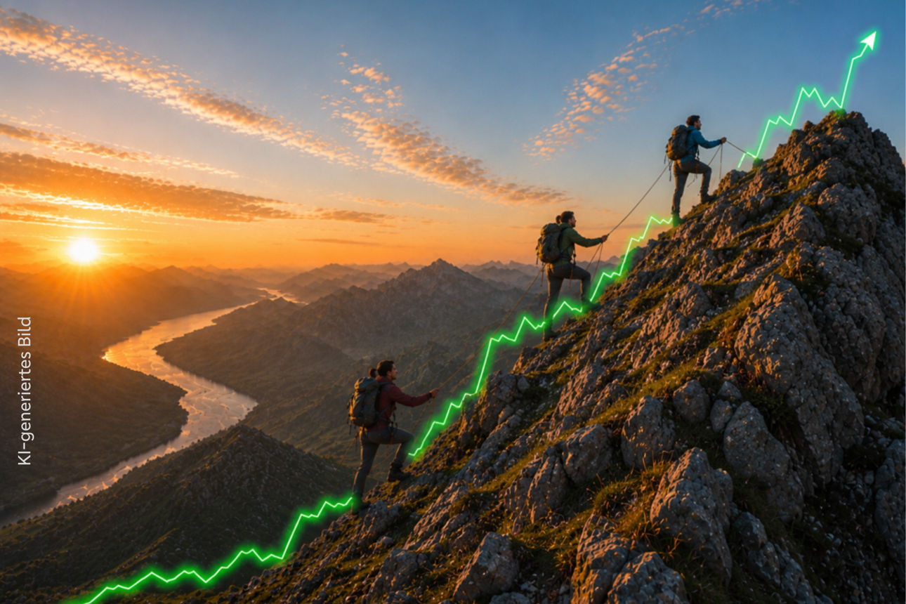 Drei Bergsteiger klettern bei Sonnenaufgang auf einen Berg, Durch das Bild verläuft dabei ein Chart