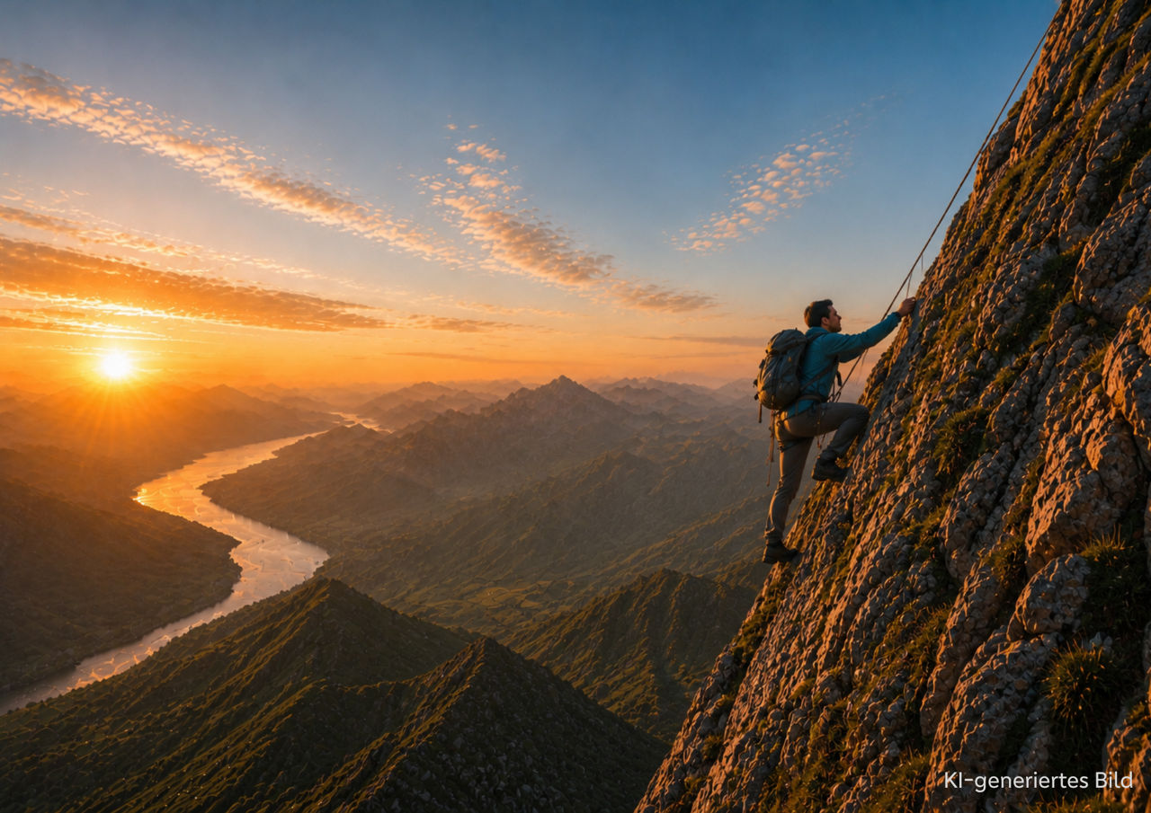 Ein mit einem Seil gesicherter Bergsteiger klettert bei Sonnenaufgang auf einen Berg