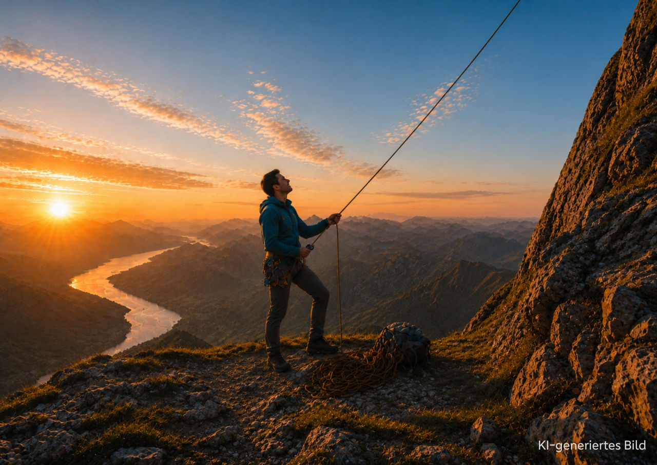 Ein Bergsteiger steht bei Sonnenaufgang auf einem Bergplateau und sichert jemanden mit einem Seil ab