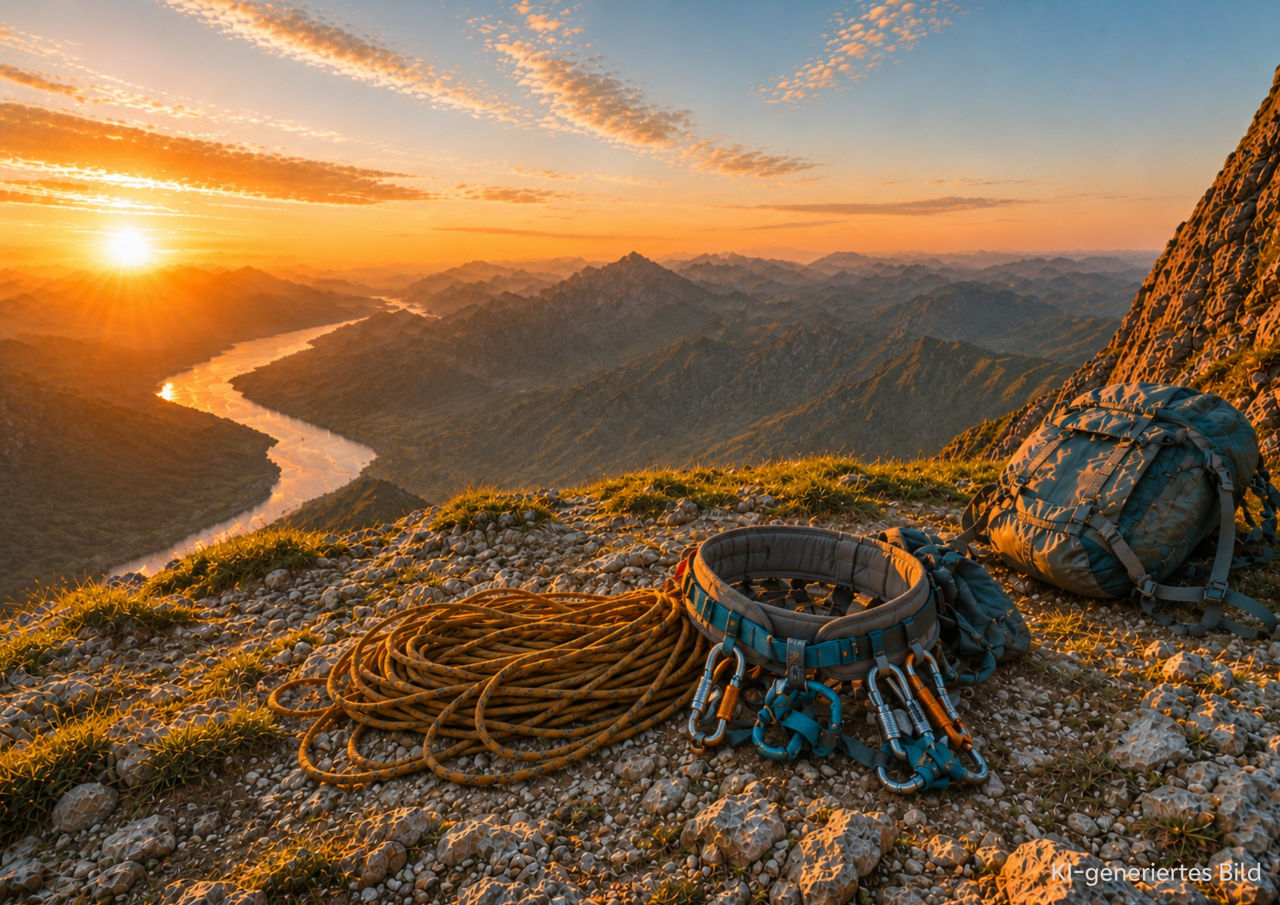 Auf einem Bergplateau liegt bei Sonnenaufgang Kletterausrüstung