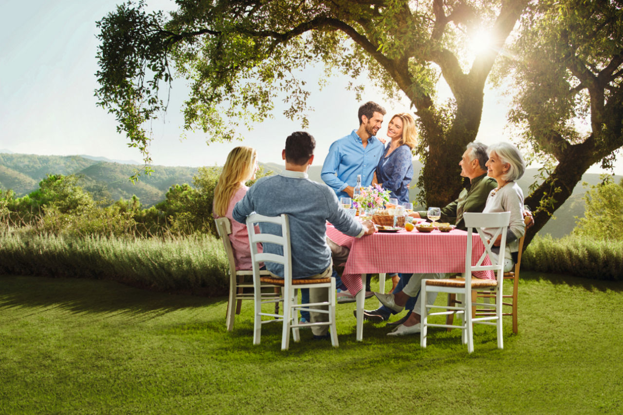 Familie sitzt um einen Tisch auf einer Wiese unter einem Baum