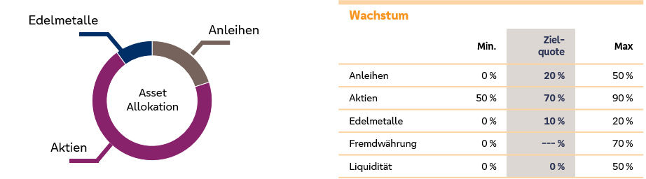 Eine Grafik zeigt die Verteilung von Geld für Wachstum. Es gibt einen Kreis und eine Tabelle mit Anteilen für Anlagen.