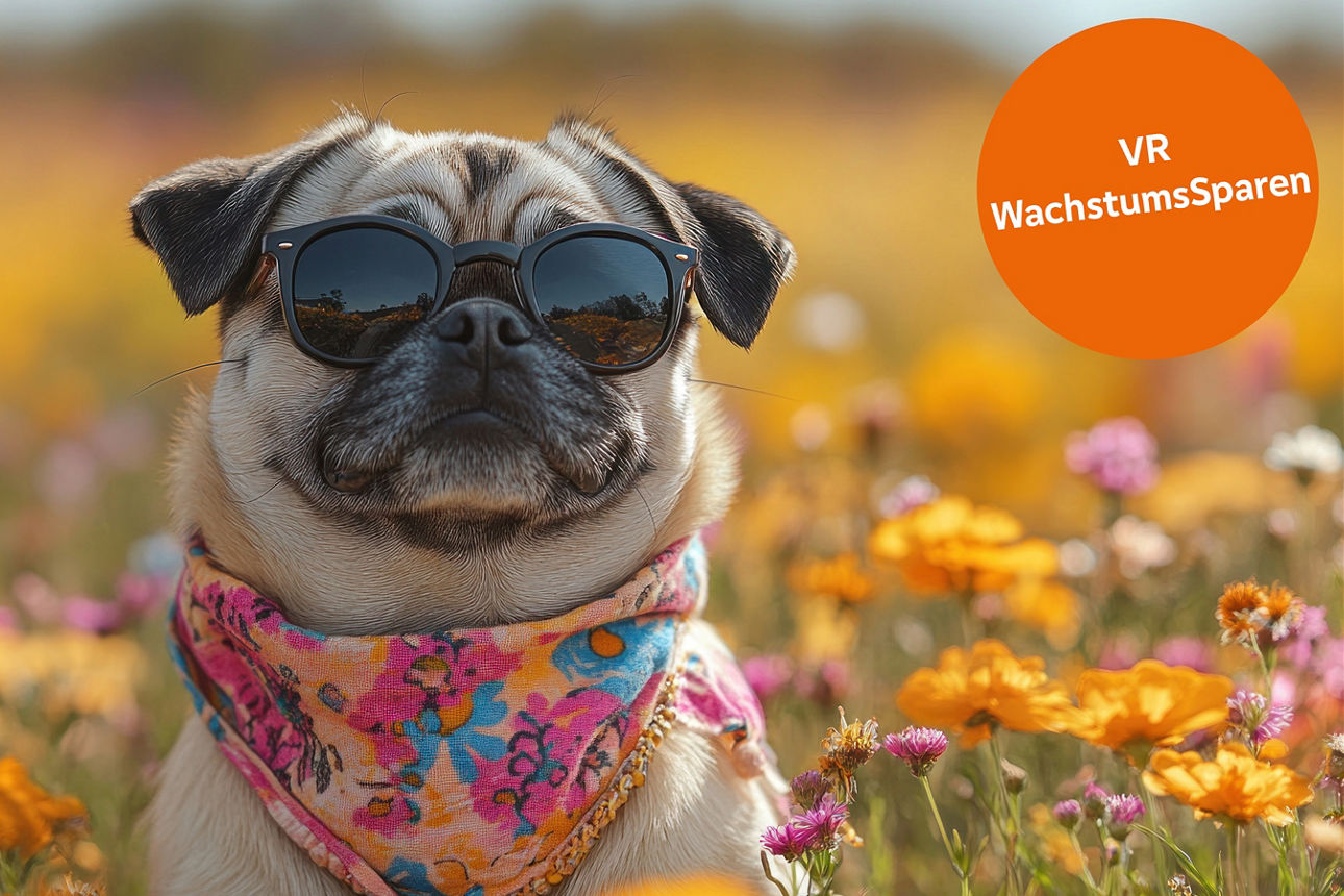 Auf einer Frühlingswiese sitzt ein Mops mit Sonnenbrille