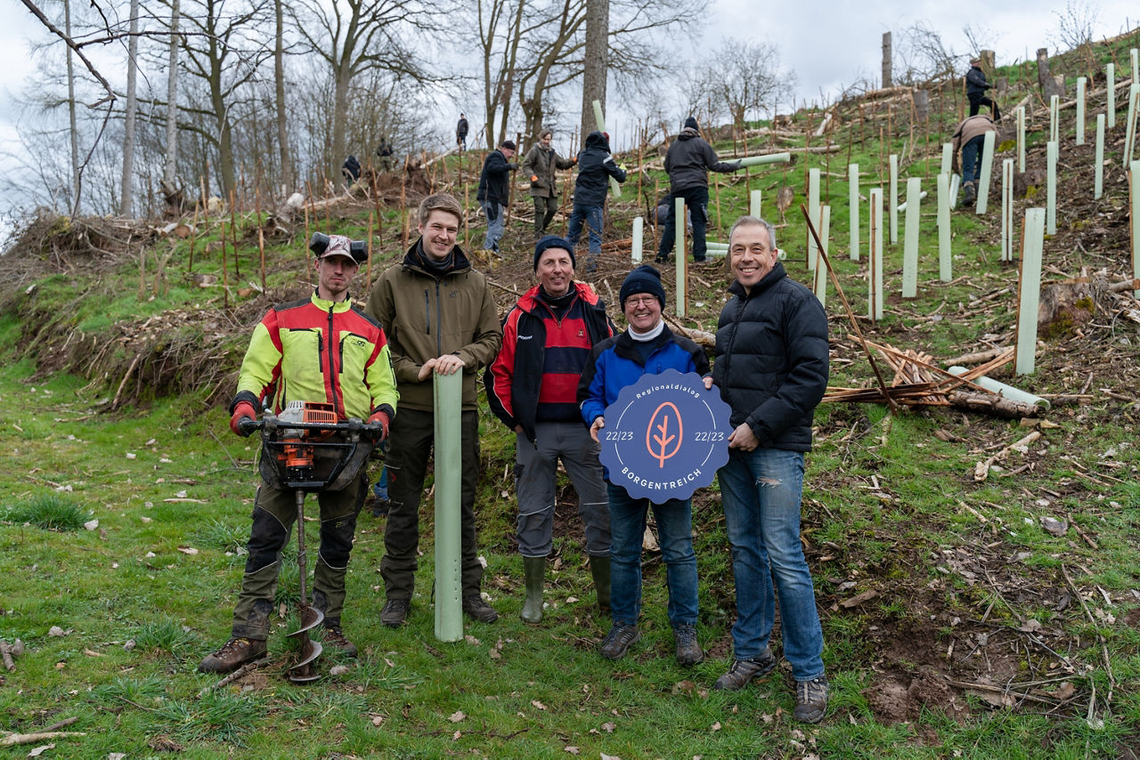 5 Personen, die gemeinsam einen Wald aufforsten