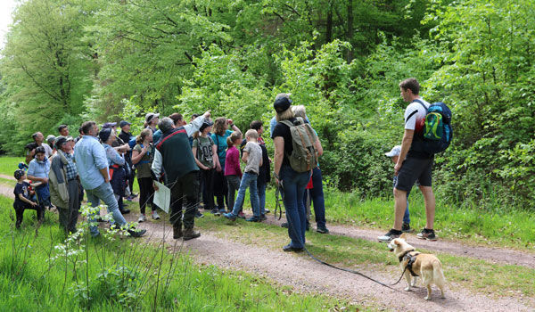 Eine Gruppe von Menschen, Kinder und Erwachsene, stehen auf einem Waldweg. Der Wald blüht grün. Sie tragen Sommerkleidung.