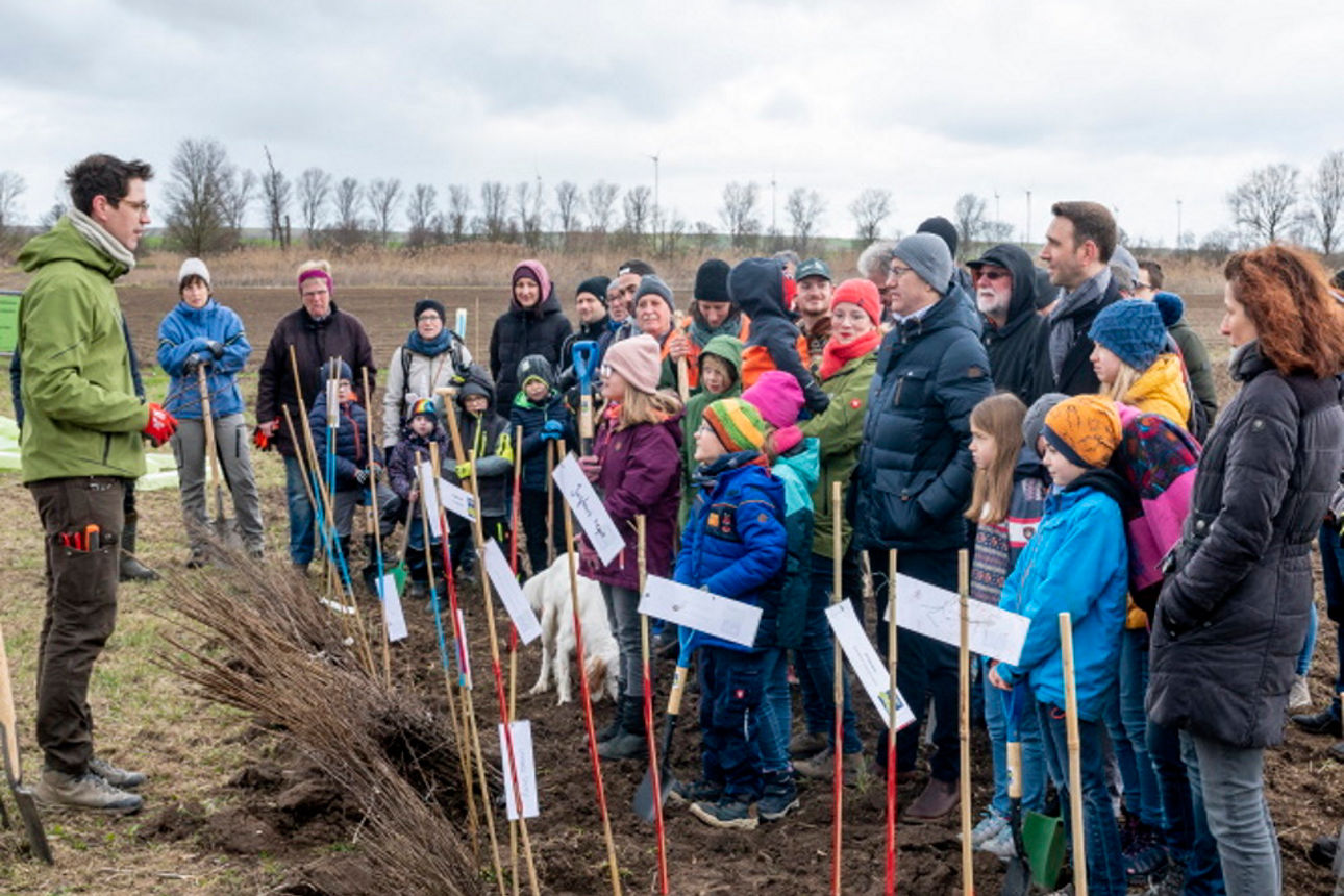 Mann steht vor einer Gruppe auf der Wiese und erklärt etwas