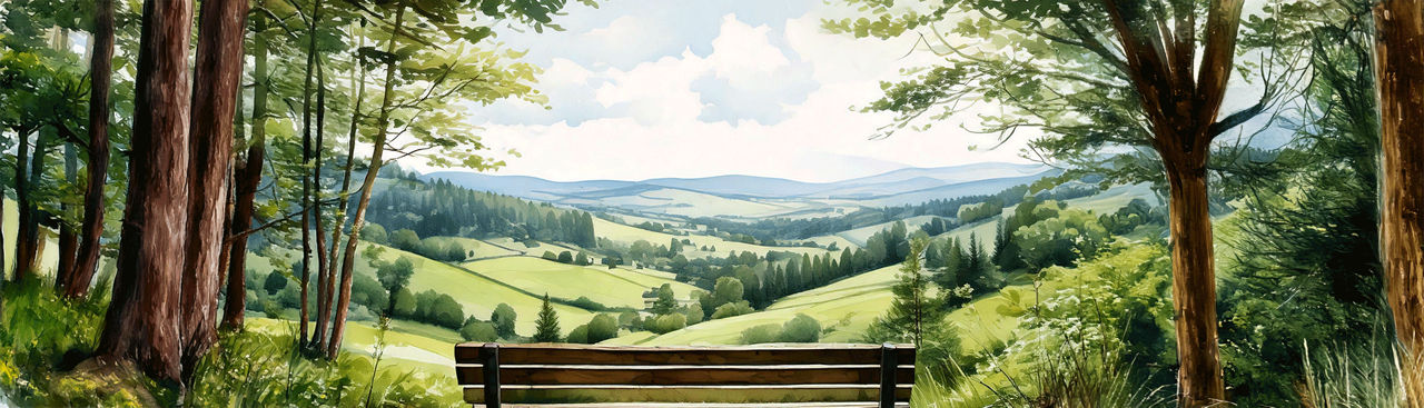 Gemaltes Bild von einer Bank mit einem schönen Ausblick