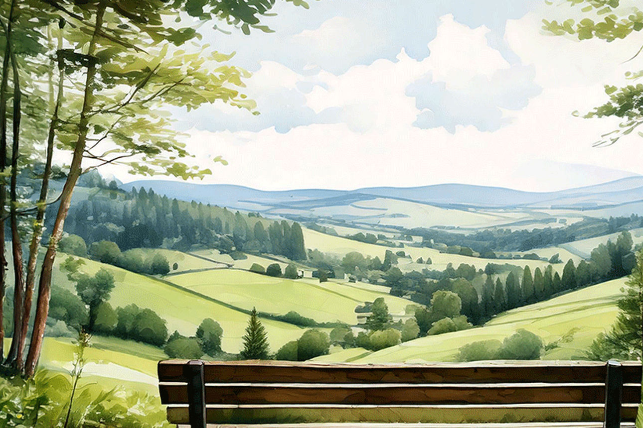 Gemaltes Bild von einer Bank mit einem schönen Ausblick