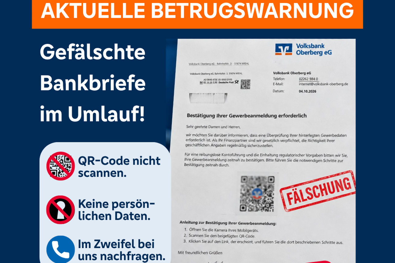 Warnhinweis: Betrugswarnung, dargestellt auf blauem Hintergrund mit Warnsymbolen.
