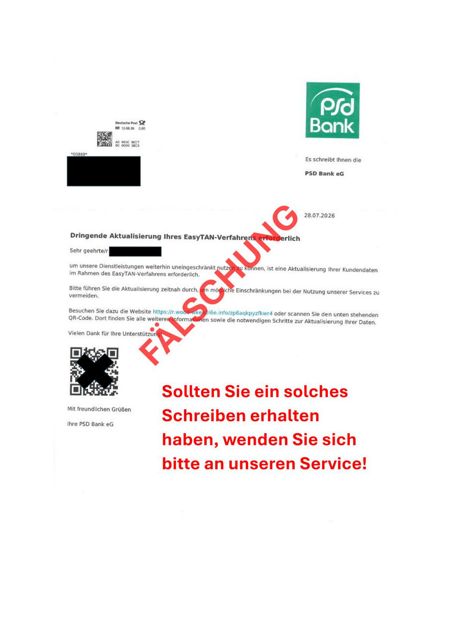 Ein Beispiel für ein gefälschtes Anschreiben zum EasyTAN. 