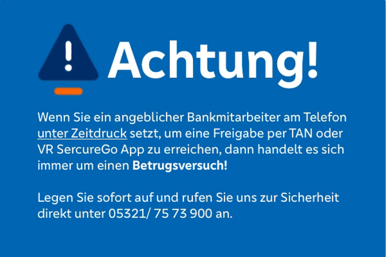 Ein großer Warnhinweis zu neuen Betrugsmaschen auf blauem Hintergrund und weißer Schrift mit einem gropßen ACHTUNG!
