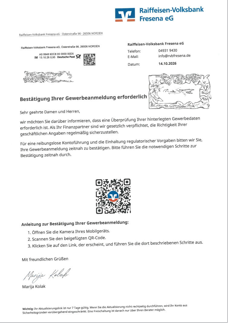 Beispiel eines Quishing Versuchs - Anschreiben mit QR-Code