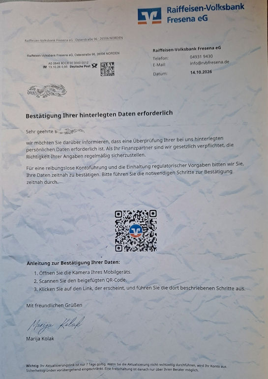 Beispiel eines Quishing Versuchs - Anschreiben mit QR-Code