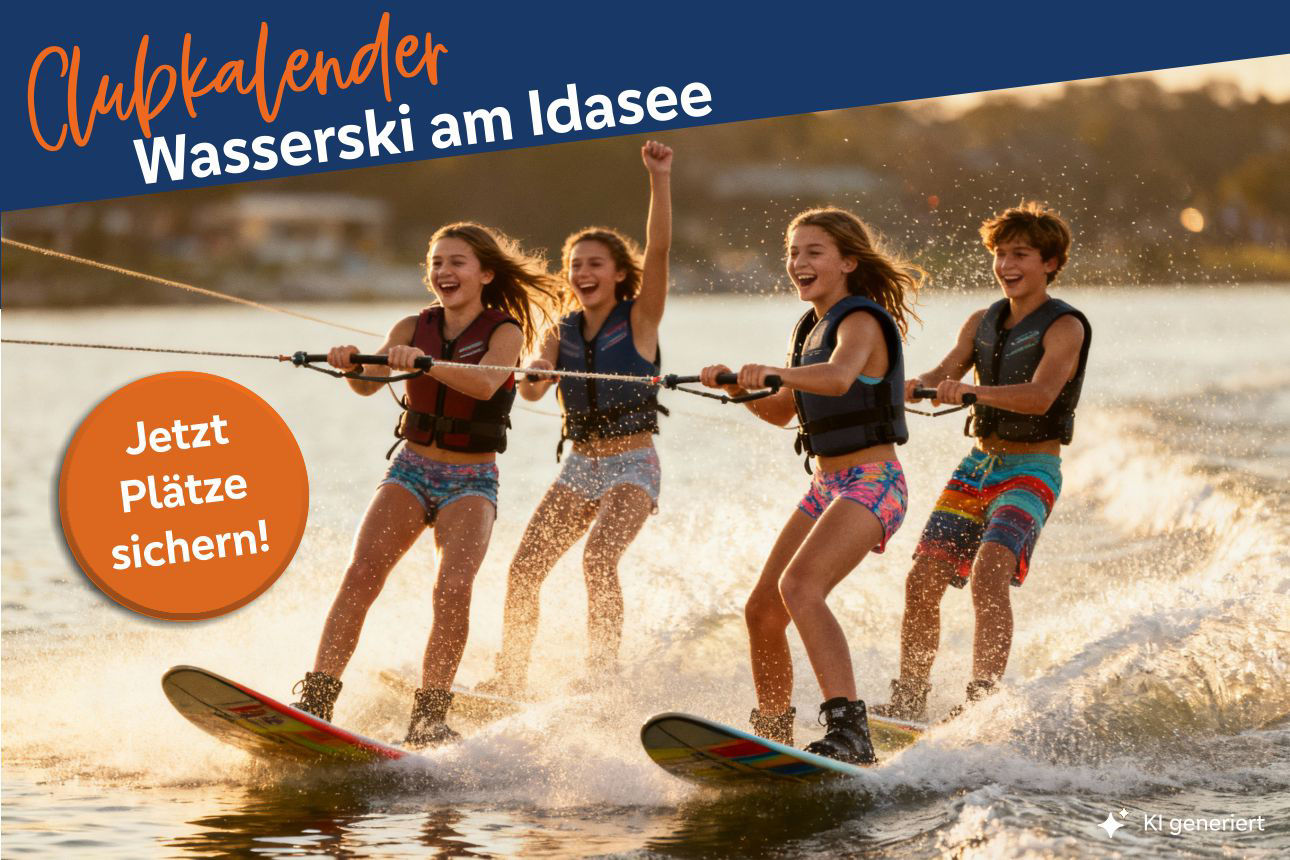 Vier glückliche junge Menschen am Wasserskifahren 