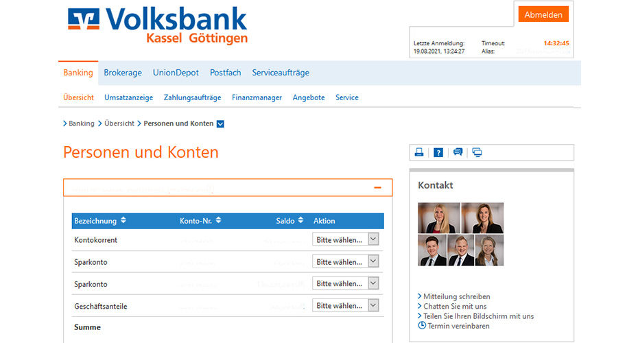 Kontenübersicht im bisherigen Banking