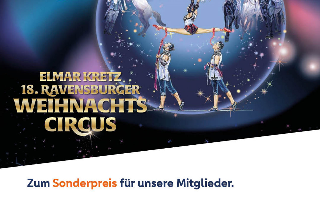 weihnachtliches Zirkusmotiv mit Menschen und Pferden in der Manege