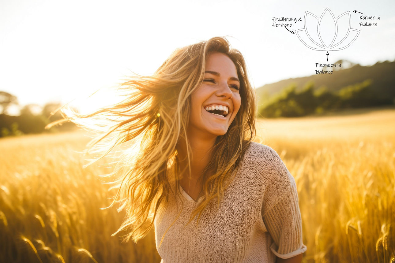 Junge Frau auf einem Feld mit Sonnenuntergang im Hintergrund