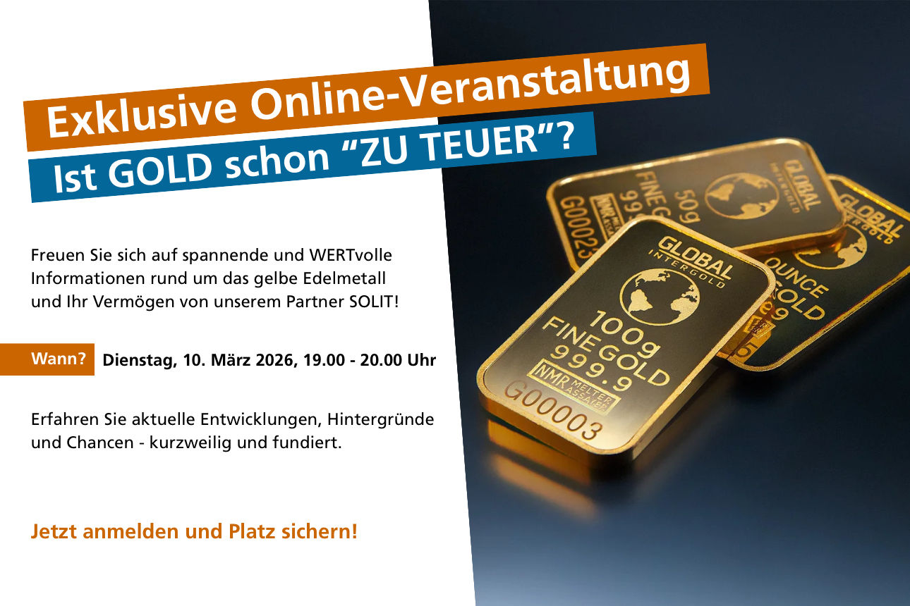 Banner Webinar SOLIT, Drei Goldbarren vor dunklem Hintergrund