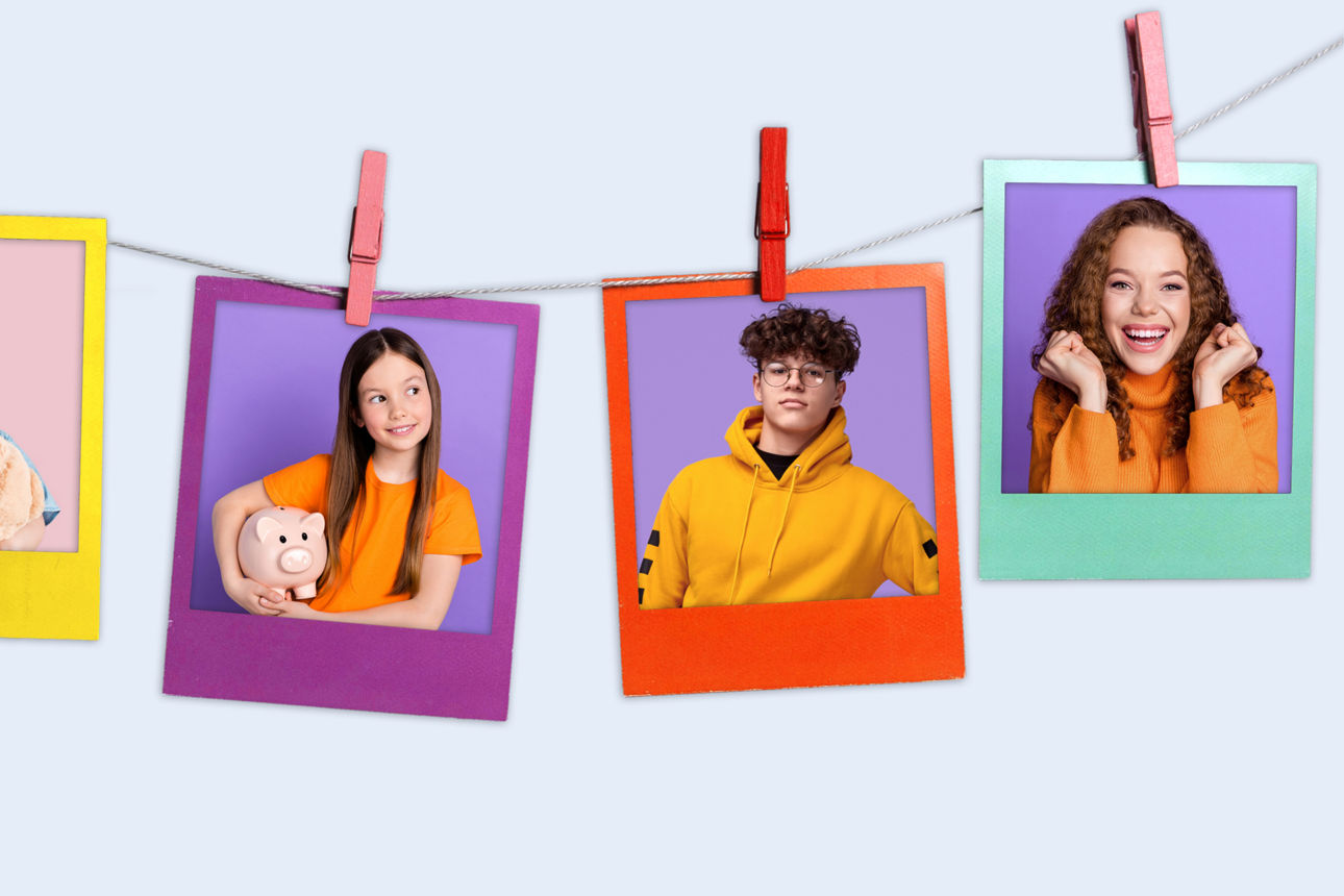 Kinder auf bunten Hintergründen in Polaroids