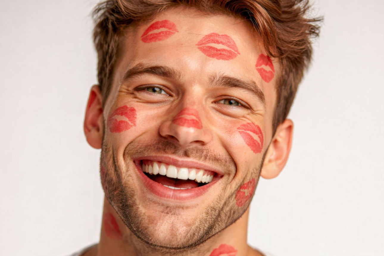 Lächelnder Mann hat Kussabdrücke am gesamten Kopf