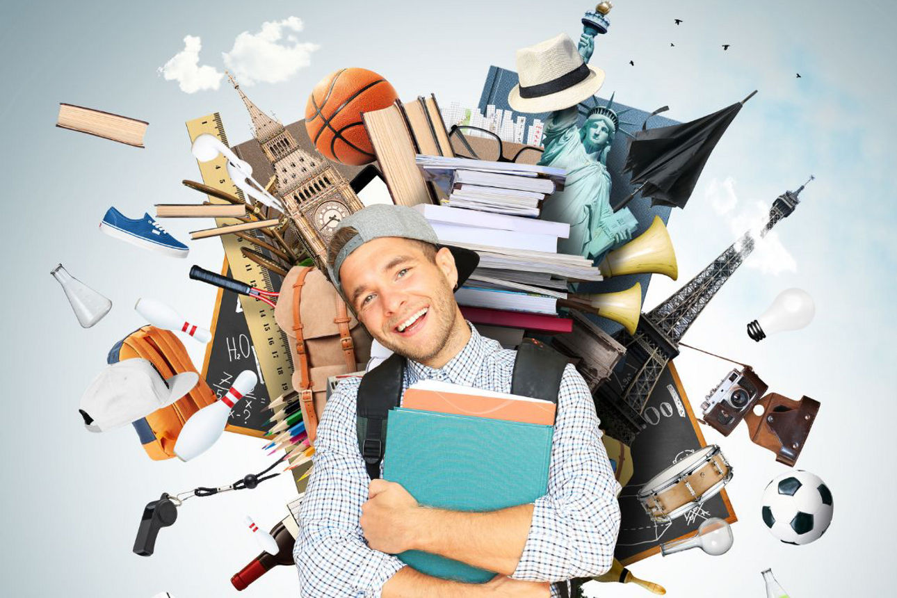 Junge Person mit Rucksack und Schulbüchern, umgeben von schwebenden Symbolen aus Bildung, Sport, Reisen, Wissenschaft und Musik.